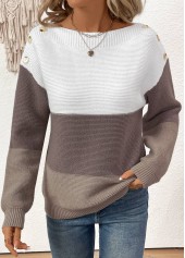 Patchwork Dark Coffee Long Sleeve Round Neck Sweater