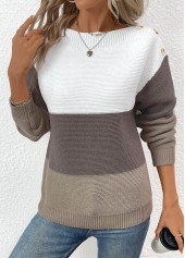 Patchwork Dark Coffee Long Sleeve Round Neck Sweater