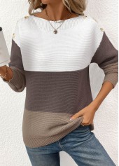 Patchwork Dark Coffee Long Sleeve Round Neck Sweater