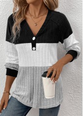 Patchwork Black Long Sleeve V Neck T Shirt