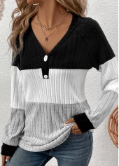 Patchwork Black Long Sleeve V Neck T Shirt