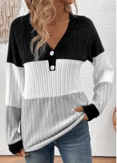 Patchwork Black Long Sleeve V Neck T Shirt