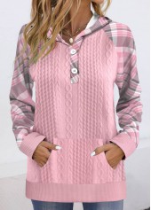 Plaid Button Pink Long Sleeve Hoodie