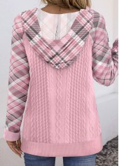 Plaid Button Pink Long Sleeve Hoodie