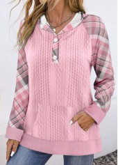 Plaid Button Pink Long Sleeve Hoodie