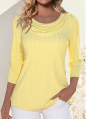 3/4 Sleeve Draped Neck Light Yellow T Shirt