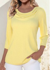 3/4 Sleeve Draped Neck Light Yellow T Shirt