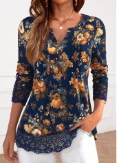 Pumpkin Print Lace Navy Long Sleeve T Shirt
