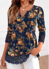 Pumpkin Print Lace Navy Long Sleeve T Shirt
