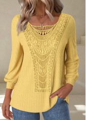 Embroidery Yellow Long Sleeve Round Neck T Shirt