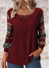 Tribal Print Patchwork Wine Red Long Sleeve T Shirt