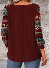 Tribal Print Patchwork Wine Red Long Sleeve T Shirt