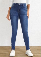 Split Dark Blue Skinny Fly High Waisted Jeans