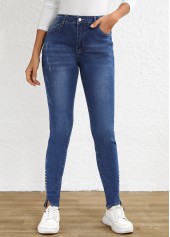 Split Dark Blue Skinny Fly High Waisted Jeans