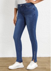 Split Dark Blue Skinny Fly High Waisted Jeans
