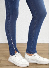 Split Dark Blue Skinny Fly High Waisted Jeans
