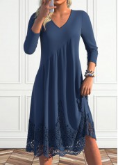 Lace Navy A Line Long Sleeve V Neck Dress