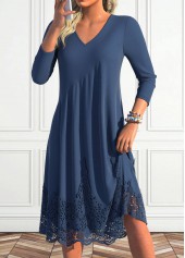 Lace Navy A Line Long Sleeve V Neck Dress