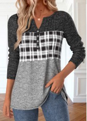 Plaid Patchwork Grey Long Sleeve Split Neck T Shirt