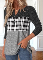 Plaid Patchwork Grey Long Sleeve Split Neck T Shirt