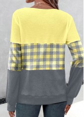 Plaid Patchwork Yellow Long Sleeve V Neck T Shirt