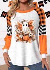 Halloween Patchwork Orange Long Sleeve Round Neck Sweatshirt