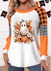 Halloween Patchwork Orange Long Sleeve Round Neck Sweatshirt