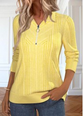 Zipper Light Yellow Long Sleeve Turn Down Collar Sweatshirt