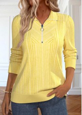 Zipper Light Yellow Long Sleeve Turn Down Collar Sweatshirt