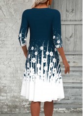 Floral Print Fake 2in1 Peacock Blue A Line Dress