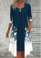 Floral Print Fake 2in1 Peacock Blue A Line Dress