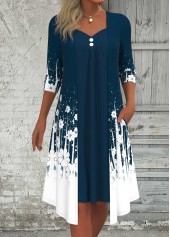 Floral Print Fake 2in1 Peacock Blue A Line Dress