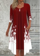 Floral Print Fake 2in1 Wine Red A Line Dress