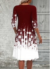 Floral Print Fake 2in1 Wine Red A Line Dress
