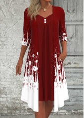 Floral Print Fake 2in1 Wine Red A Line Dress