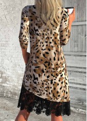 Leopard Patchwork Dark Coffee A Line Long Sleeve Dress