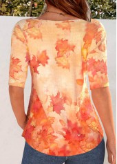 Leaf Print Embroidery Orange Half Sleeve T Shirt