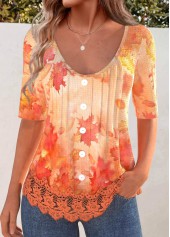 Leaf Print Embroidery Orange Half Sleeve T Shirt