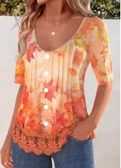 Leaf Print Embroidery Orange Half Sleeve T Shirt