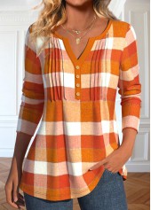 Plaid Tuck Stitch Orange Long Sleeve T Shirt