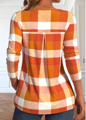Plaid Tuck Stitch Orange Long Sleeve T Shirt