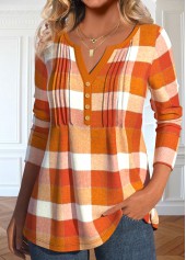 Plaid Tuck Stitch Orange Long Sleeve T Shirt