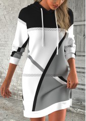 Geometric Print Breathable Black Short Long Sleeve Hoodie Dress