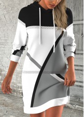 Geometric Print Breathable Black Short Long Sleeve Hoodie Dress