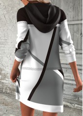 Geometric Print Breathable Black Short Long Sleeve Hoodie Dress