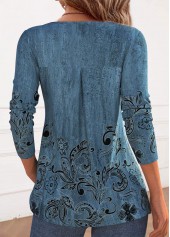 Floral Print Button Blue Long Sleeve T Shirt