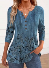 Floral Print Button Blue Long Sleeve T Shirt
