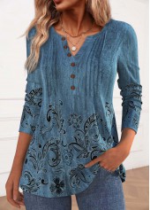 Floral Print Button Blue Long Sleeve T Shirt