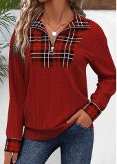 Plaid Patchwork Deep Red Long Sleeve Sweatshirt