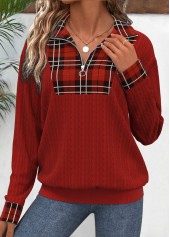 Plaid Patchwork Deep Red Long Sleeve Sweatshirt
